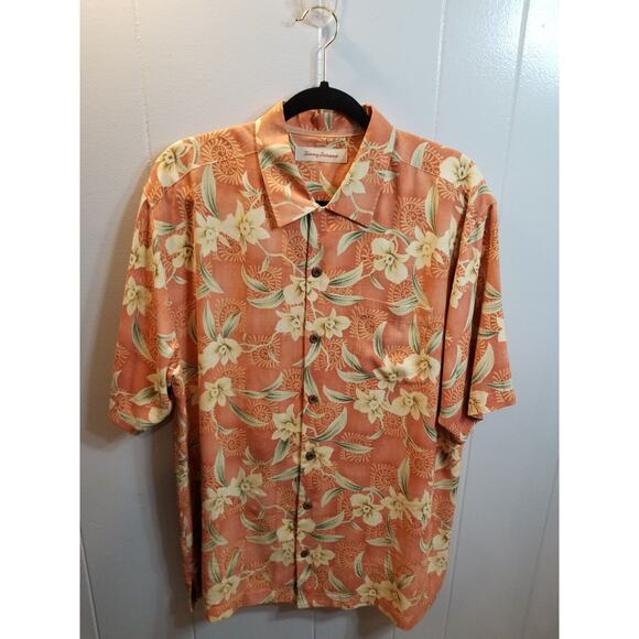 Tommy Bahama Mens Medium Terracotta Floral Hawaiian‎ 100% Silk Shirt - Picture 1 of 9